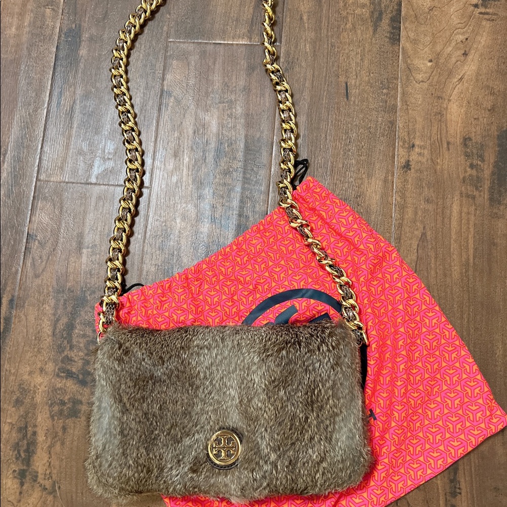 Tory Burch Brown Rabbit Fur Crossbody Shoulder Clutch bag
